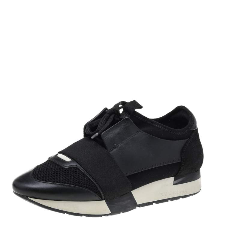 Pre Owned Balenciaga Black Mesh And Leather Race Runner Low Top Sneakers Size 38