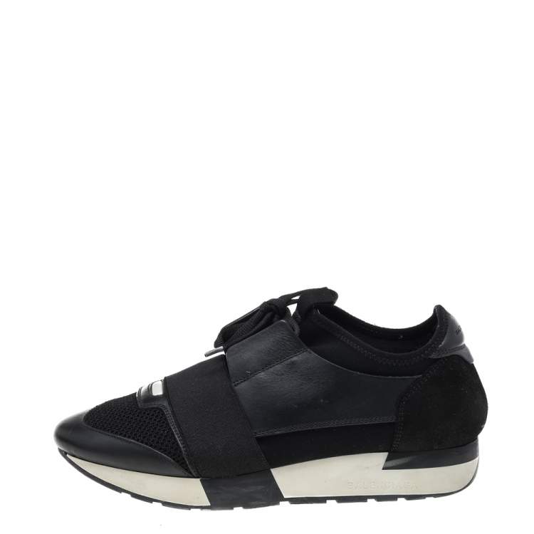 Pre Owned Balenciaga Black Mesh And Leather Race Runner Low Top Sneakers Size 38