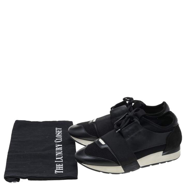 Pre Owned Balenciaga Black Mesh And Leather Race Runner Low Top Sneakers Size 38