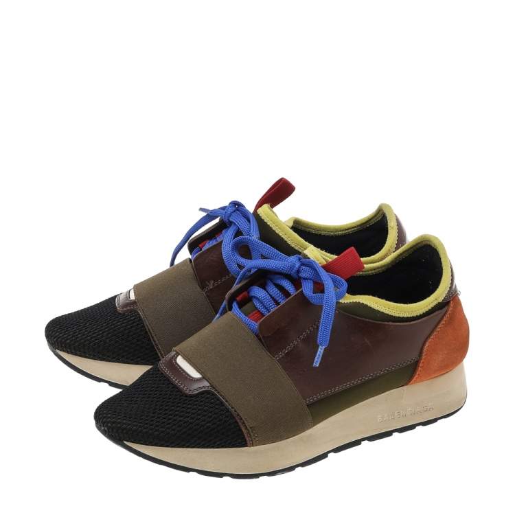 Pre Owned Balenciaga Multicolor Mesh And Leather Race Runner Low Top Sneakers Size 36