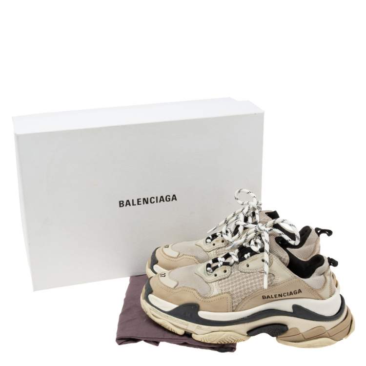 Pre Owned Balenciaga Beige/Black Mesh, Suede and Leather Triple S Sneakers Size 37