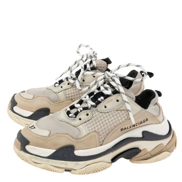 Pre Owned Balenciaga Beige/Black Mesh, Suede and Leather Triple S Sneakers Size 37