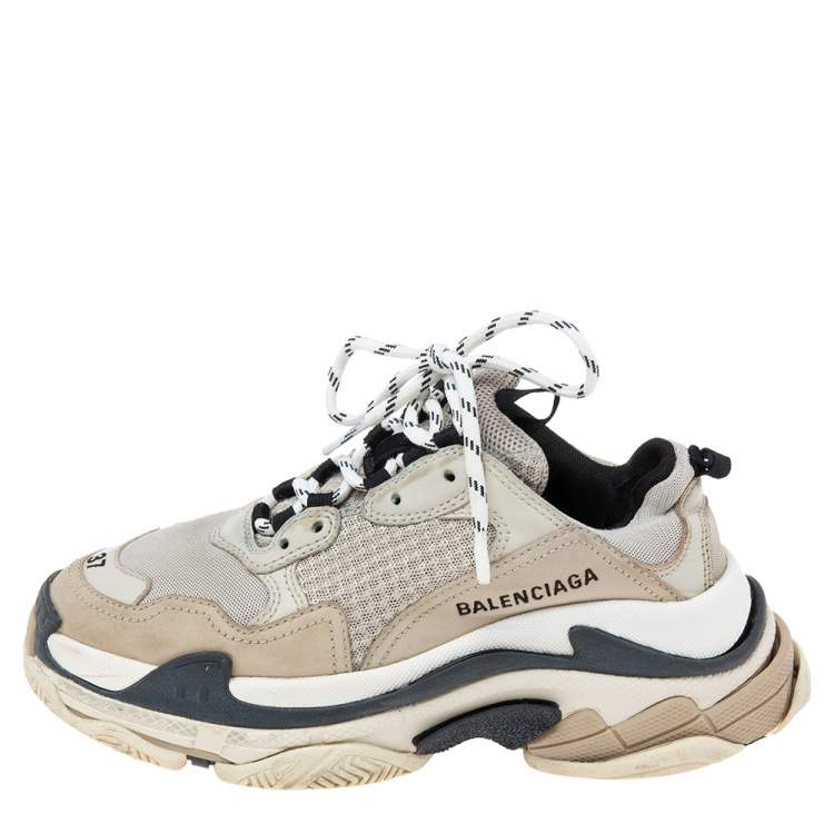 Pre Owned Balenciaga Beige/Black Mesh, Suede and Leather Triple S Sneakers Size 37