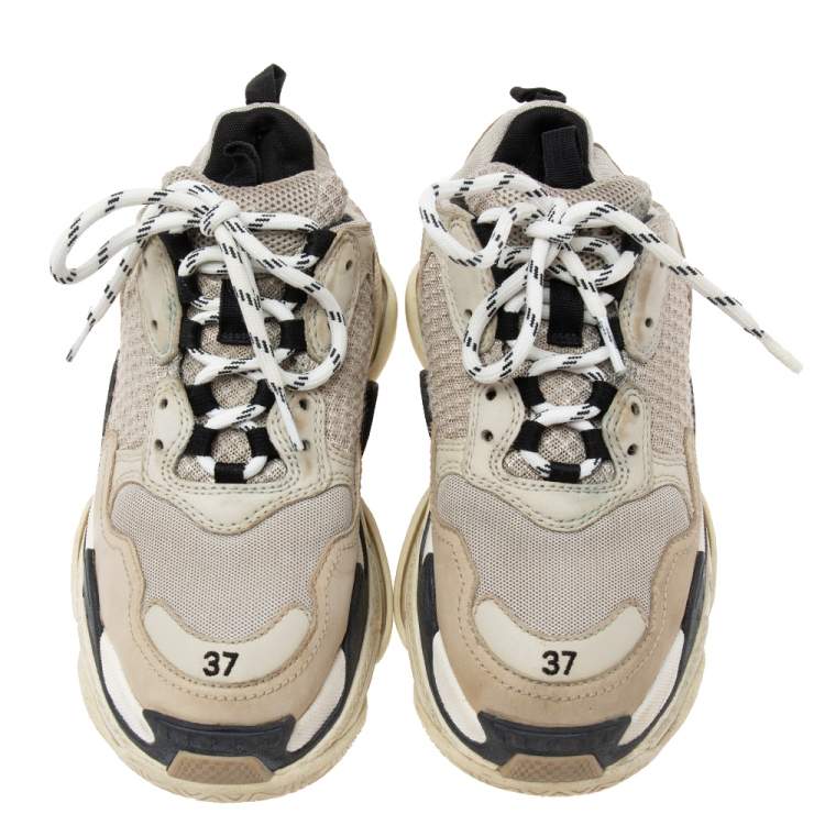 Pre Owned Balenciaga Beige/Black Mesh, Suede and Leather Triple S Sneakers Size 37