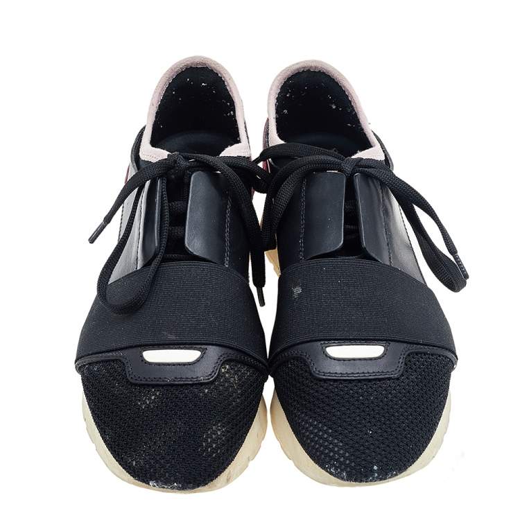 Pre Owned Balenciaga Black/Pink Leather And Mesh Race Runner Sneakers Size 35