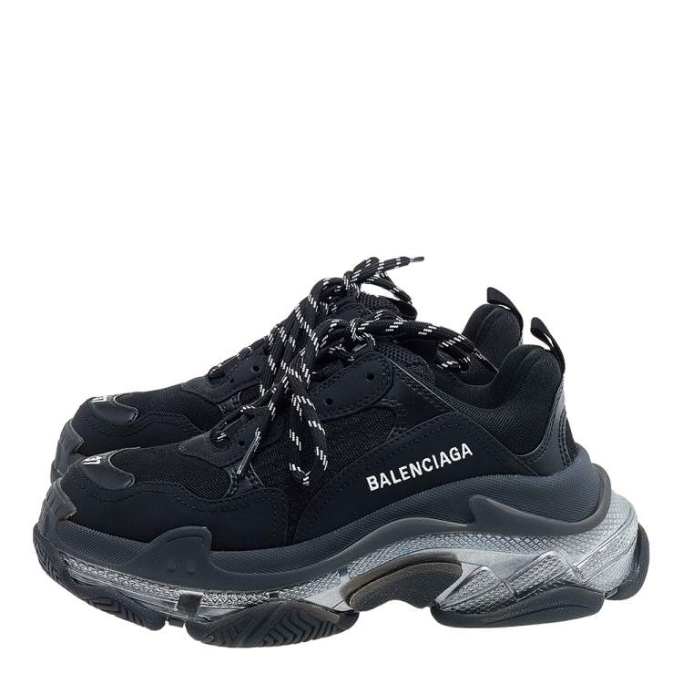 Pre Owned Balenciaga Black Mesh And Leather Triple S Low Top Sneakers Size 37