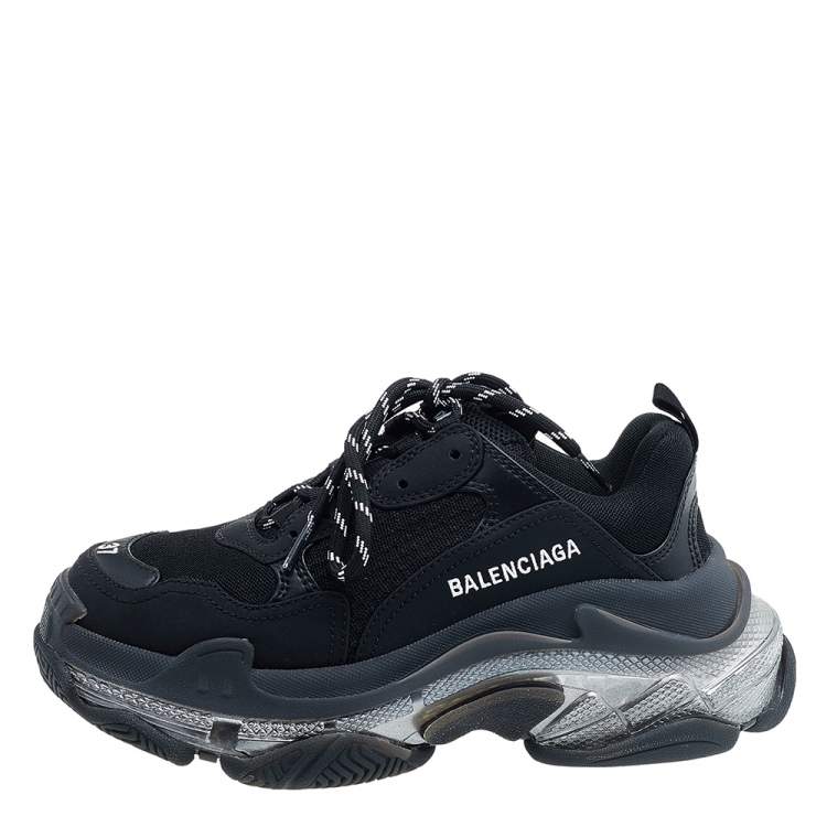 Pre Owned Balenciaga Black Mesh And Leather Triple S Low Top Sneakers Size 37