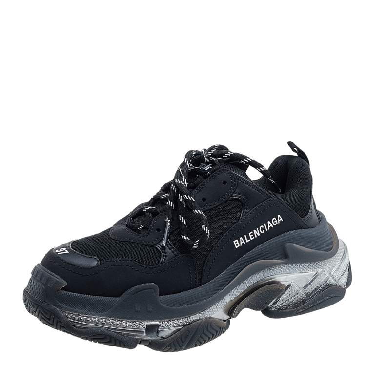 Pre Owned Balenciaga Black Mesh And Leather Triple S Low Top Sneakers Size 37