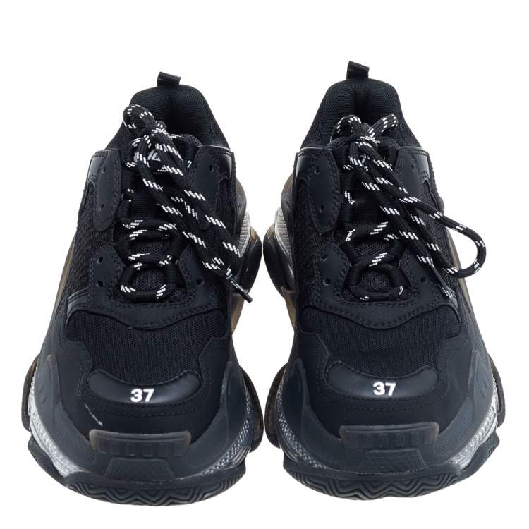Pre Owned Balenciaga Black Mesh And Leather Triple S Low Top Sneakers Size 37