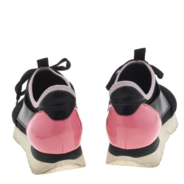 Pre Owned Balenciaga Black/Pink Leather And Mesh Race Runner Sneakers Size 39