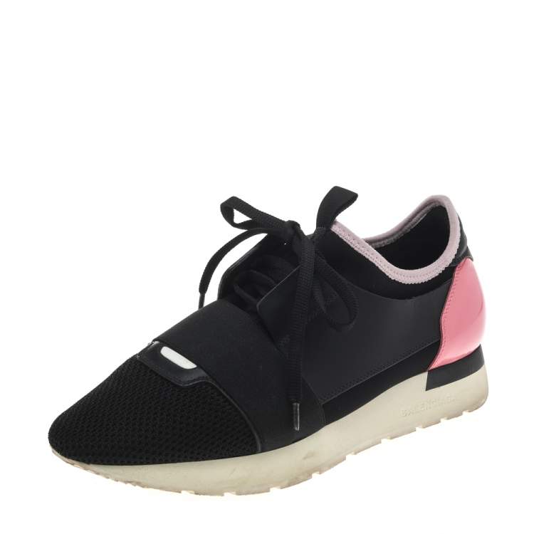 Pre Owned Balenciaga Black/Pink Leather And Mesh Race Runner Sneakers Size 39