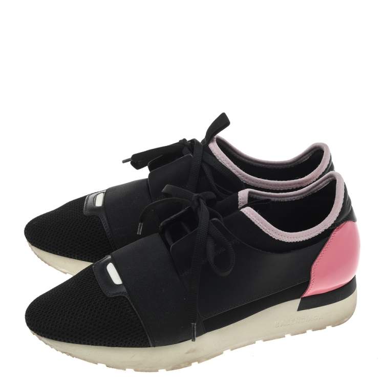 Pre Owned Balenciaga Black/Pink Leather And Mesh Race Runner Sneakers Size 39