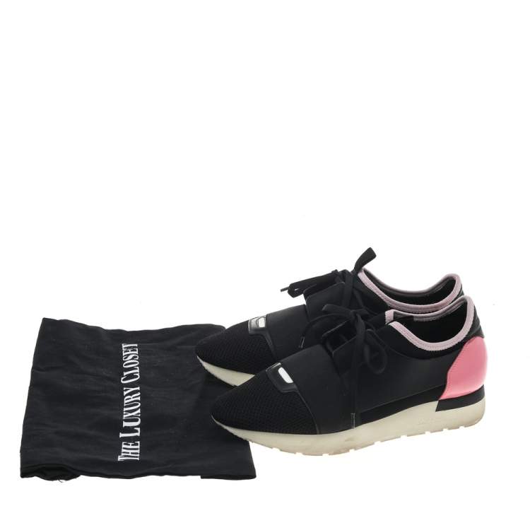 Pre Owned Balenciaga Black/Pink Leather And Mesh Race Runner Sneakers Size 39