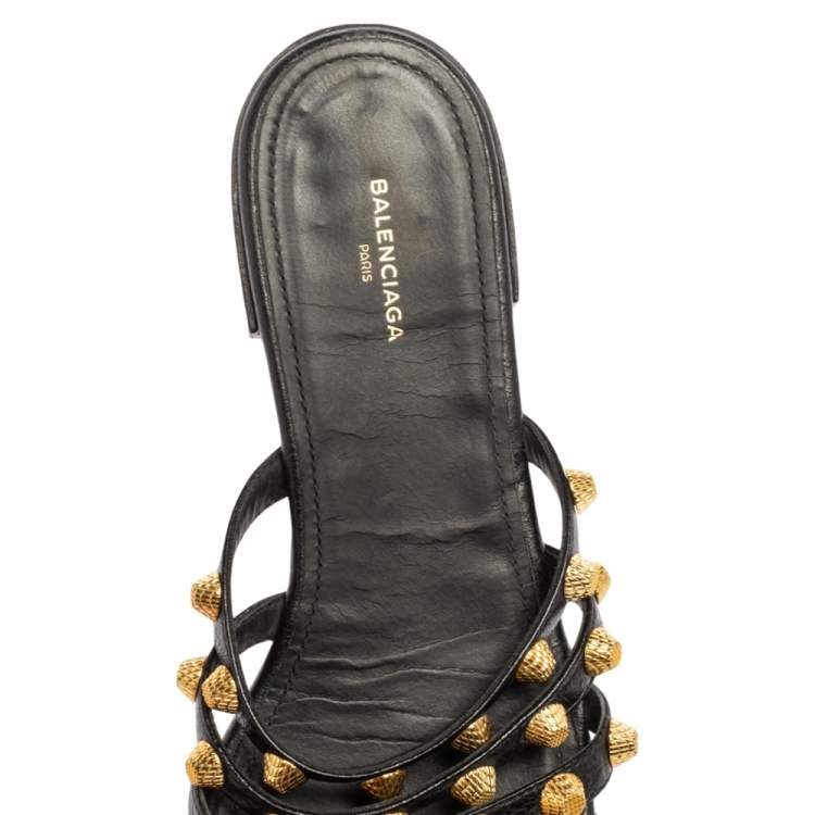 Pre Owned Balenciaga Black Leather Arena Studded Flat Sandals Size 35.5