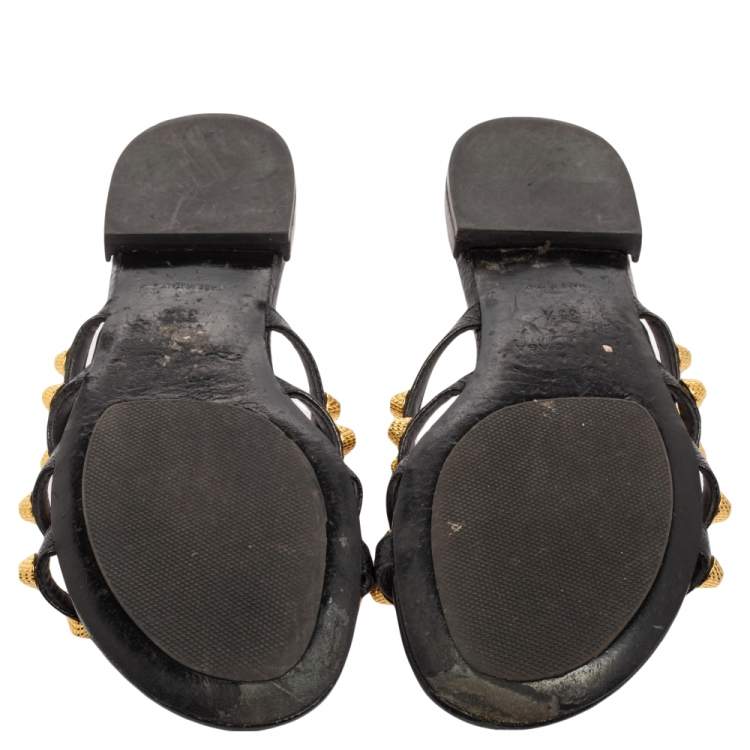 Pre Owned Balenciaga Black Leather Arena Studded Flat Sandals Size 35.5