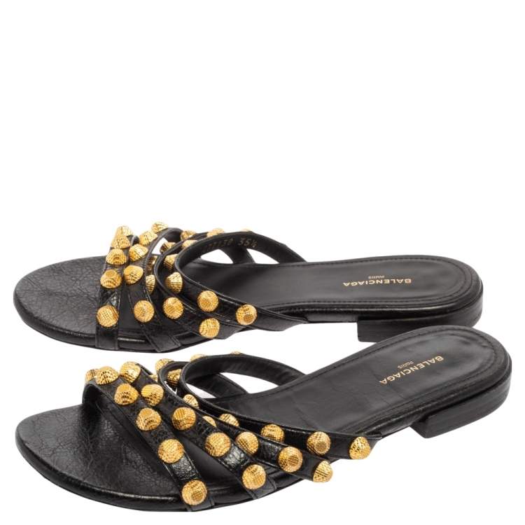 Pre Owned Balenciaga Black Leather Arena Studded Flat Sandals Size 35.5