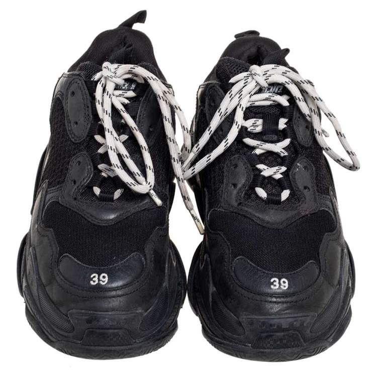 Pre Owned Balenciaga Black Mesh and Leather Triple S Sneakers Size 39