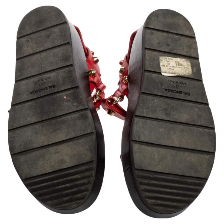Pre Owned Balenciaga Red Leather Arena Studded Platform Sandals Size 38.5
