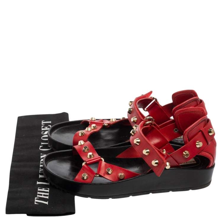Pre Owned Balenciaga Red Leather Arena Studded Platform Sandals Size 38.5