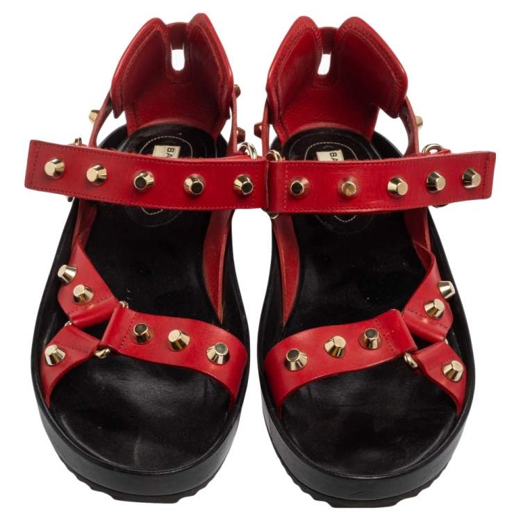Pre Owned Balenciaga Red Leather Arena Studded Platform Sandals Size 38.5