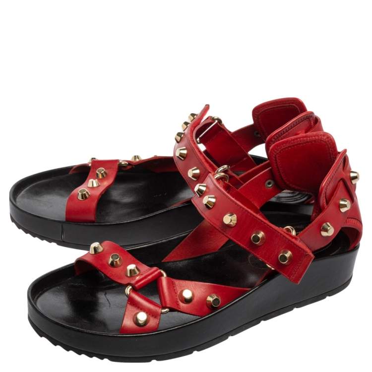 Pre Owned Balenciaga Red Leather Arena Studded Platform Sandals Size 38.5
