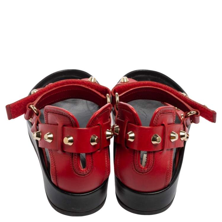 Pre Owned Balenciaga Red Leather Arena Studded Platform Sandals Size 38.5