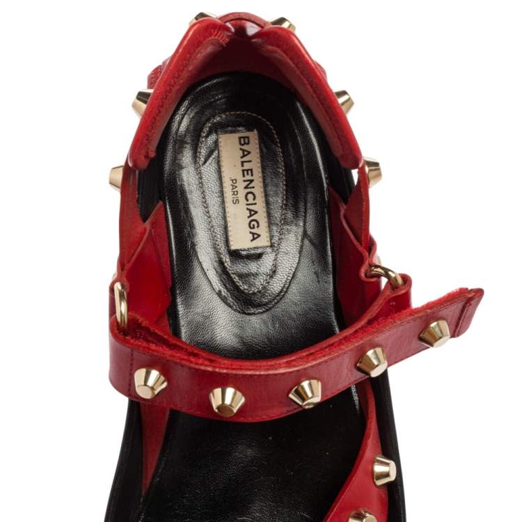 Pre Owned Balenciaga Red Leather Arena Studded Platform Sandals Size 38.5