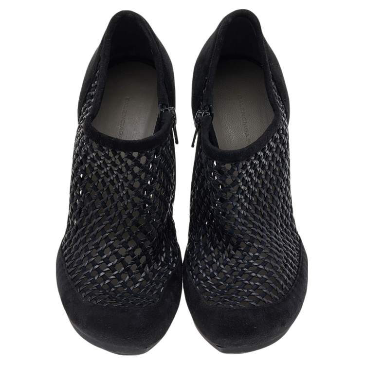 Pre Owned Balenciaga Black Netted Suede Ankle Booties Size 38.5