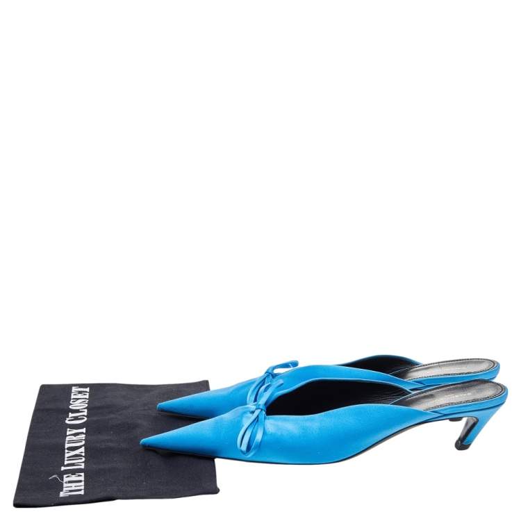 Pre Owned Balenciaga Blue Satin Knife Pointed Toe Kitten Heels Mules Size 40
