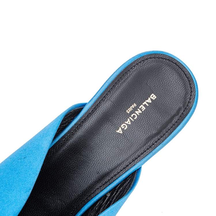 Pre Owned Balenciaga Blue Satin Knife Pointed Toe Kitten Heels Mules Size 40