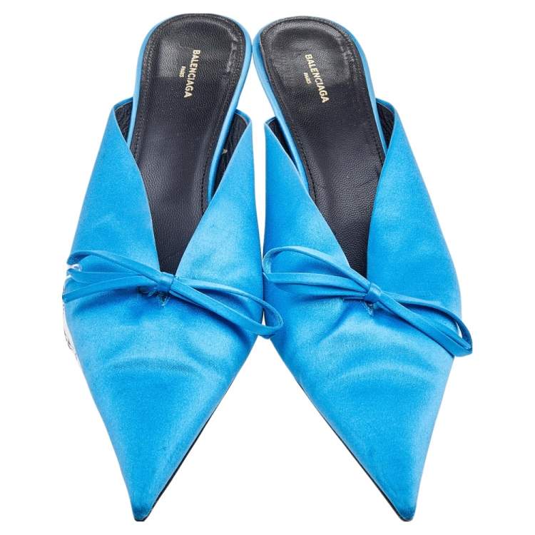 Pre Owned Balenciaga Blue Satin Knife Pointed Toe Kitten Heels Mules Size 40