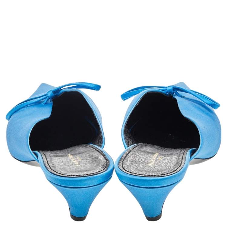 Pre Owned Balenciaga Blue Satin Knife Pointed Toe Kitten Heels Mules Size 40