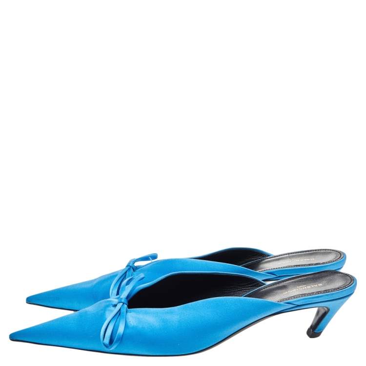 Pre Owned Balenciaga Blue Satin Knife Pointed Toe Kitten Heels Mules Size 40