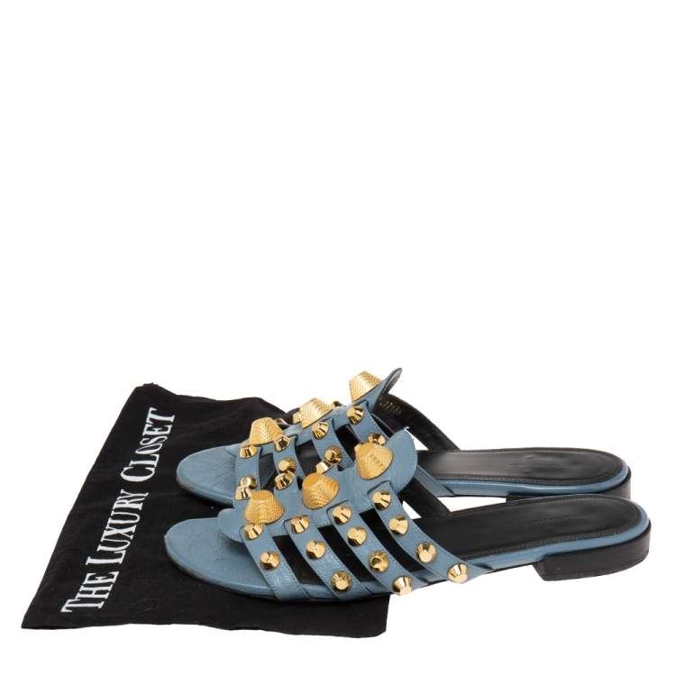 Pre Owned Balenciaga Blue Leather Arena Studded Flat Sandals Size 39