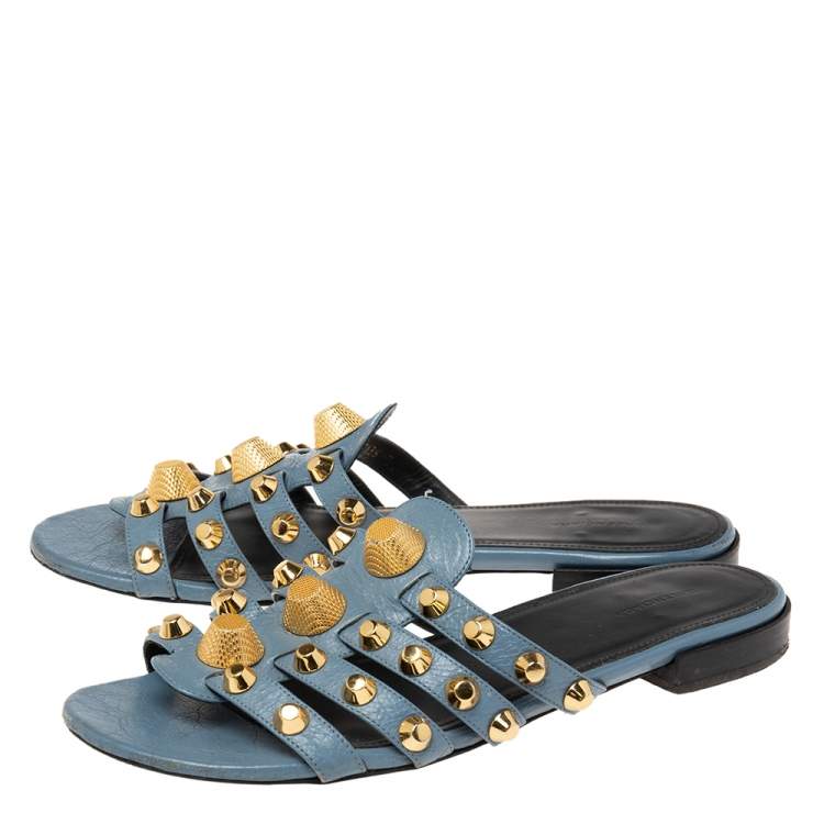 Pre Owned Balenciaga Blue Leather Arena Studded Flat Sandals Size 39