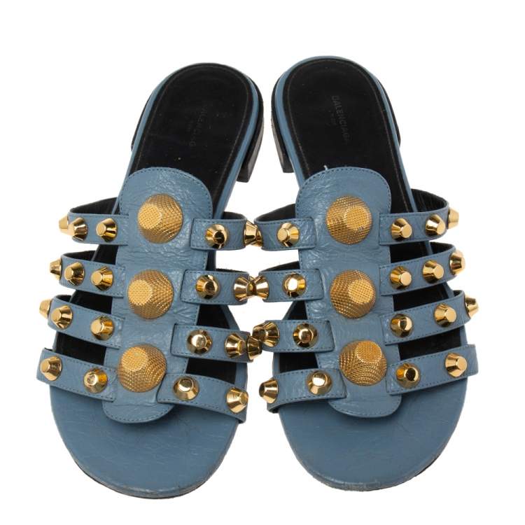 Pre Owned Balenciaga Blue Leather Arena Studded Flat Sandals Size 39