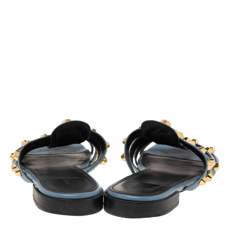 Pre Owned Balenciaga Blue Leather Arena Studded Flat Sandals Size 39