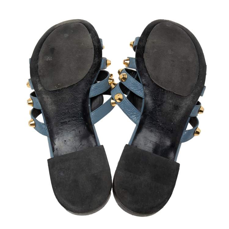 Pre Owned Balenciaga Blue Leather Arena Studded Flat Sandals Size 39