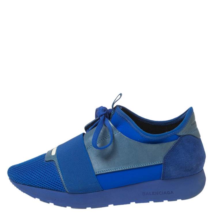 Pre Owned Balenciaga Blue Leather and Mesh Race Runner Sneakers Size 39