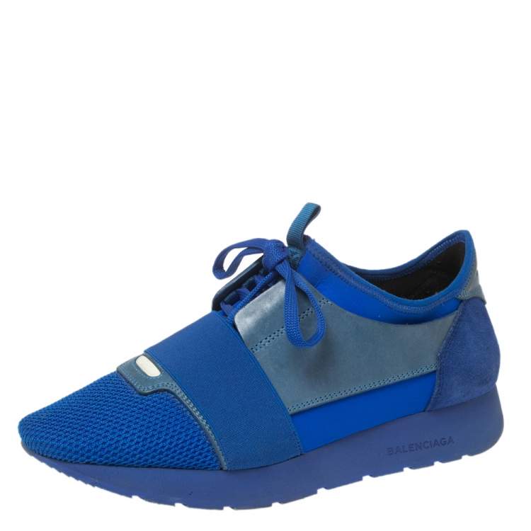 Pre Owned Balenciaga Blue Leather and Mesh Race Runner Sneakers Size 39