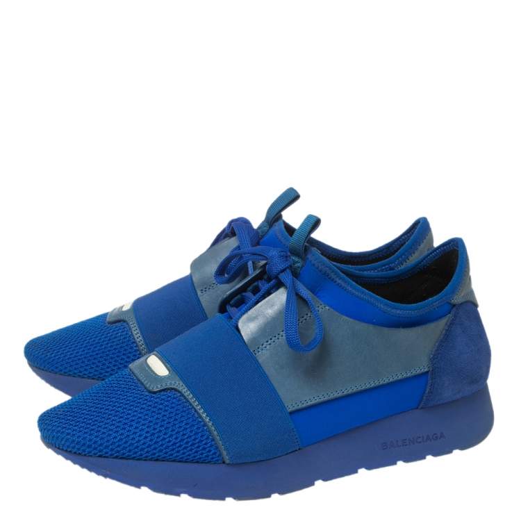 Pre Owned Balenciaga Blue Leather and Mesh Race Runner Sneakers Size 39