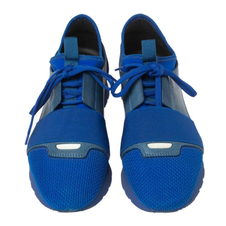 Pre Owned Balenciaga Blue Leather and Mesh Race Runner Sneakers Size 39