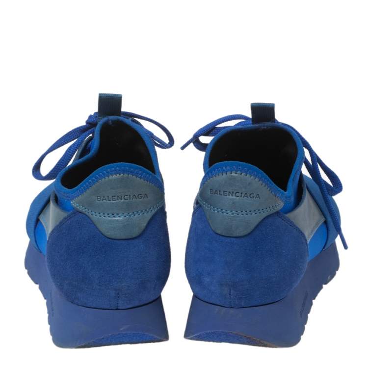 Pre Owned Balenciaga Blue Leather and Mesh Race Runner Sneakers Size 39