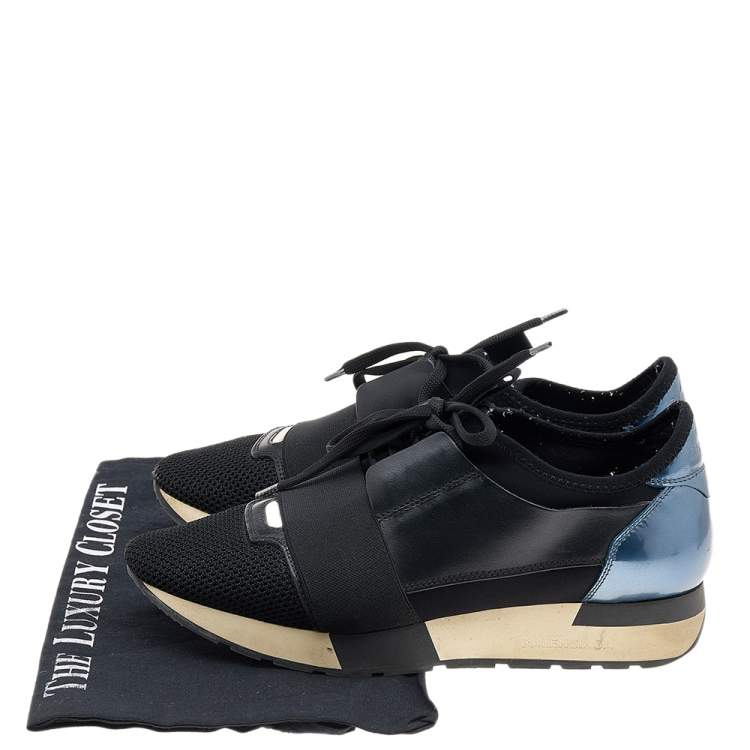 Pre Owned Balenciaga Metallic Blue/Black Leather And Mesh Race Runner Low Top Sneakers Size 38