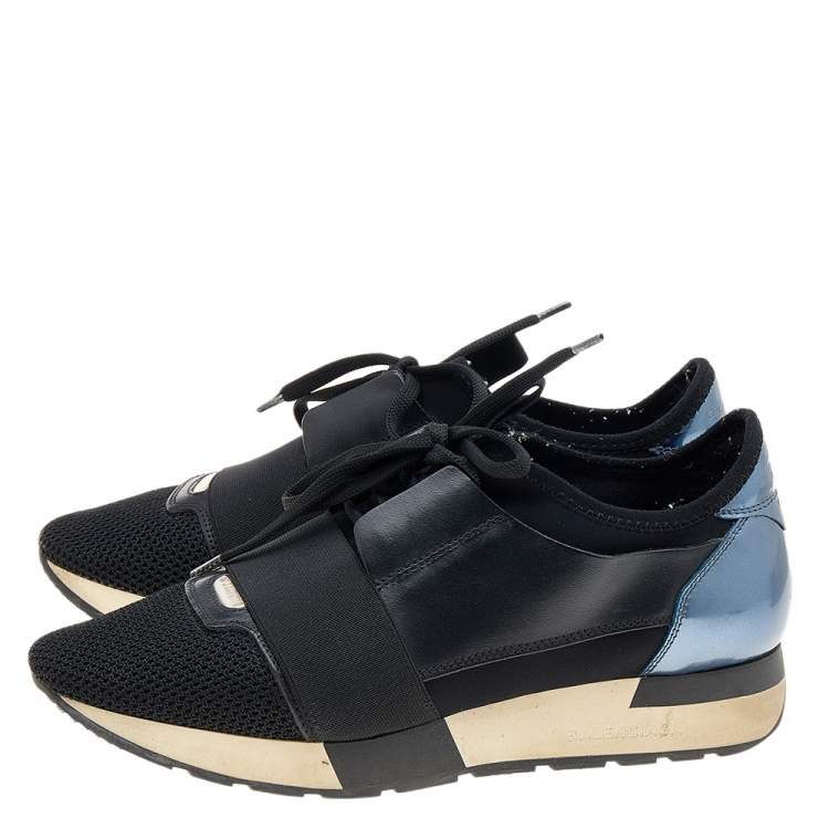 Pre Owned Balenciaga Metallic Blue/Black Leather And Mesh Race Runner Low Top Sneakers Size 38