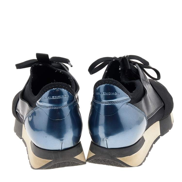 Pre Owned Balenciaga Metallic Blue/Black Leather And Mesh Race Runner Low Top Sneakers Size 38
