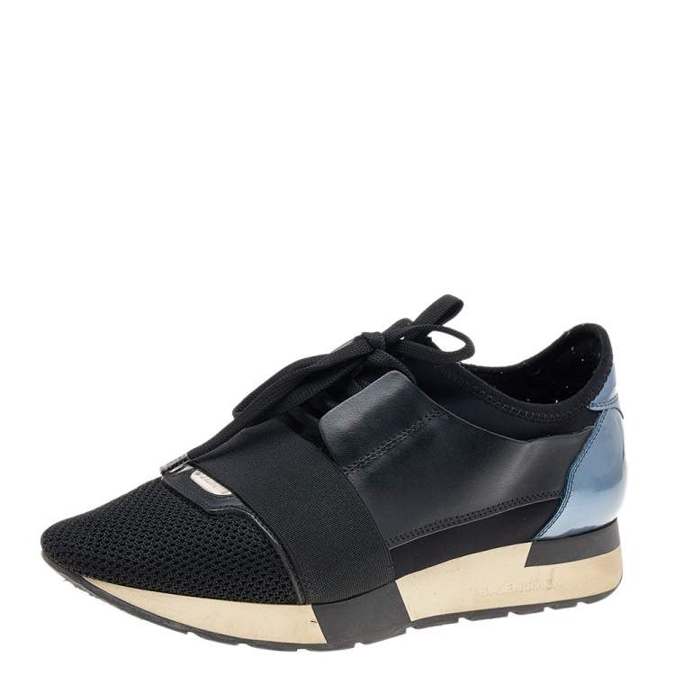 Pre Owned Balenciaga Metallic Blue/Black Leather And Mesh Race Runner Low Top Sneakers Size 38