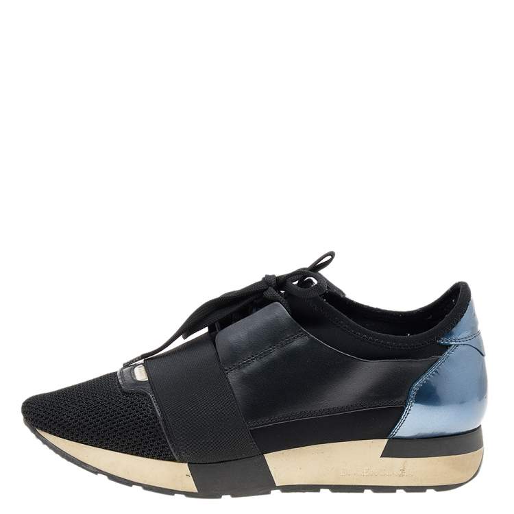 Pre Owned Balenciaga Metallic Blue/Black Leather And Mesh Race Runner Low Top Sneakers Size 38