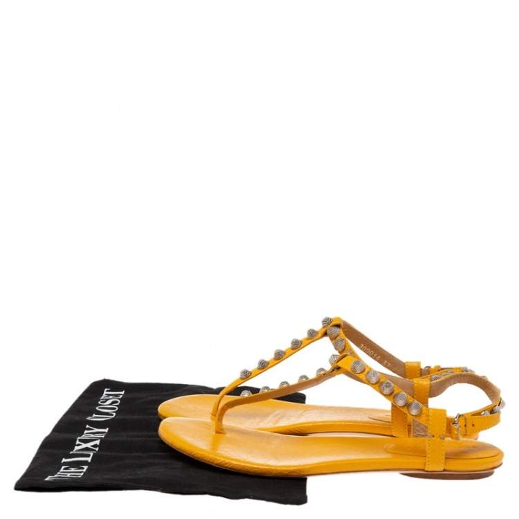 Pre Owned Balenciaga Yellow Leather Studded Arena Thong Flats Size 37