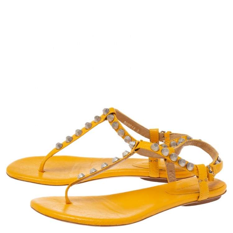 Pre Owned Balenciaga Yellow Leather Studded Arena Thong Flats Size 37